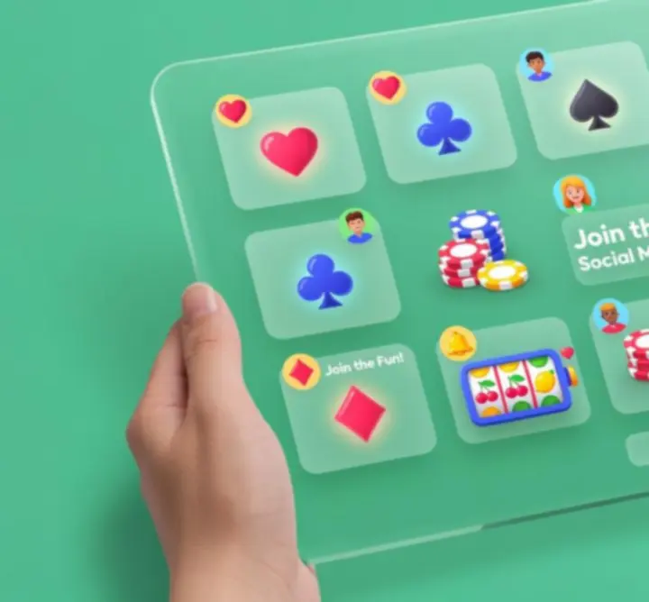 Stylised cards and reels illustrating Aussie Bucks social games