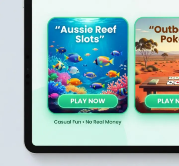 Aussie Bucks game lobby with casual AU-themed game tiles