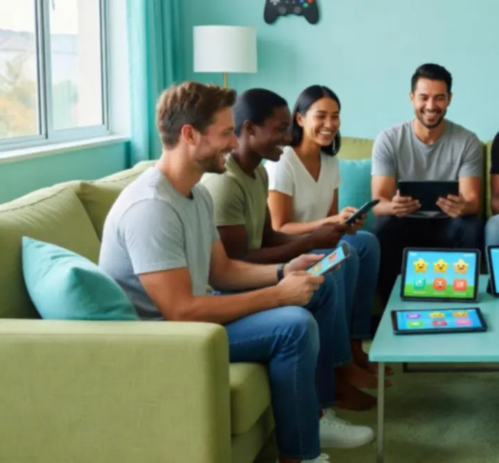 Stylised illustration of Aussie Bucks players connected in a social virtual gaming hub