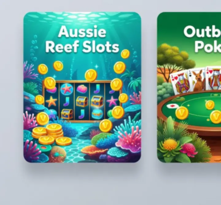 Rounded preview cards representing Aussie Reef Slots, Outback Poker, and Harbour Blackjack in a calming AU-inspired style